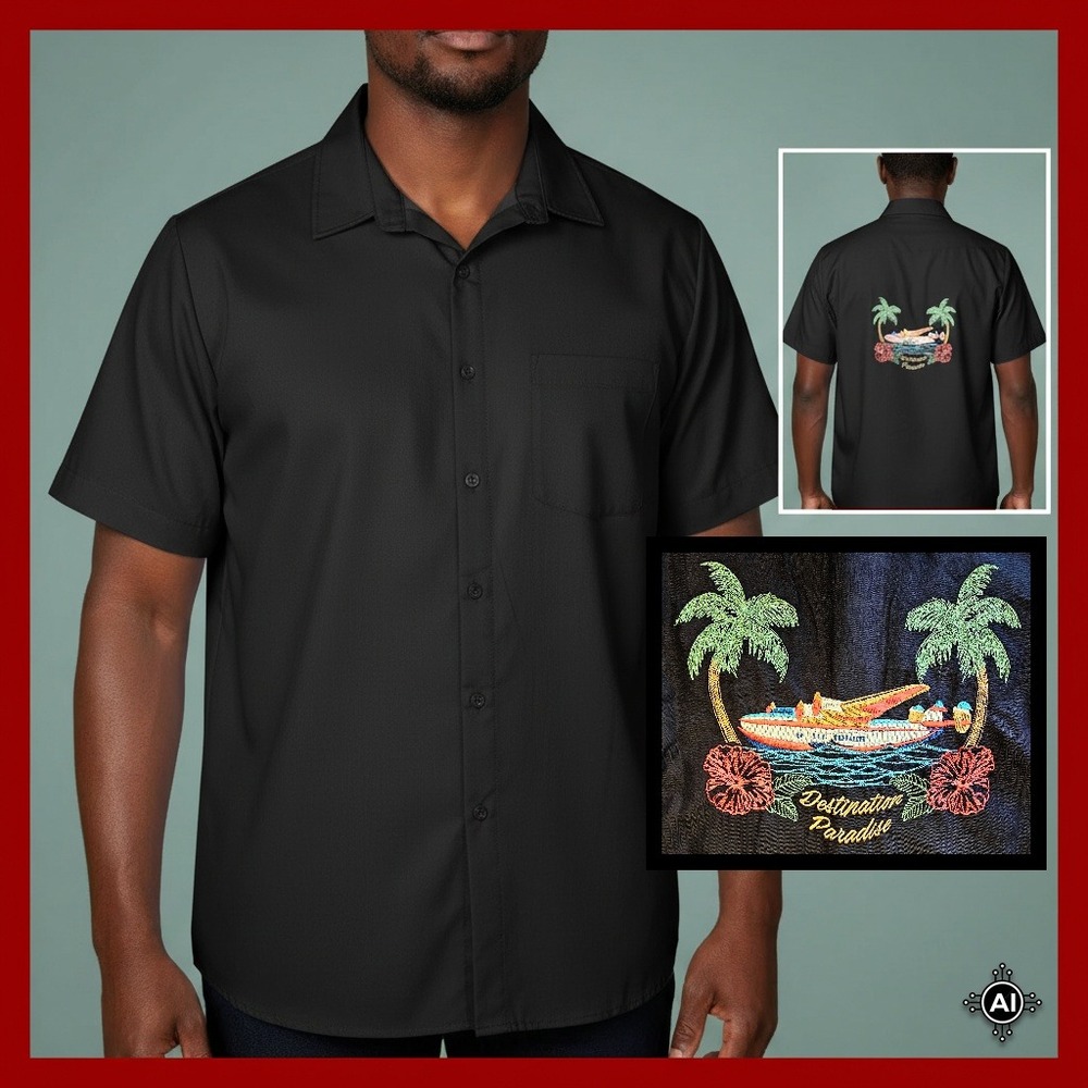 Weekender Shirt‎ Men's L Black Embroidered Paradise Tropical Hawaiian Camp